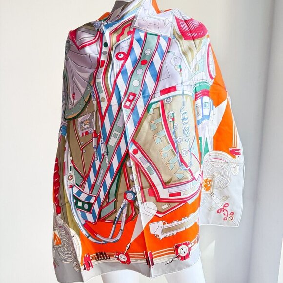 Silk Twill Geometric Print Colourful Hand Rolled Square Scarf - Picture 4 of 10